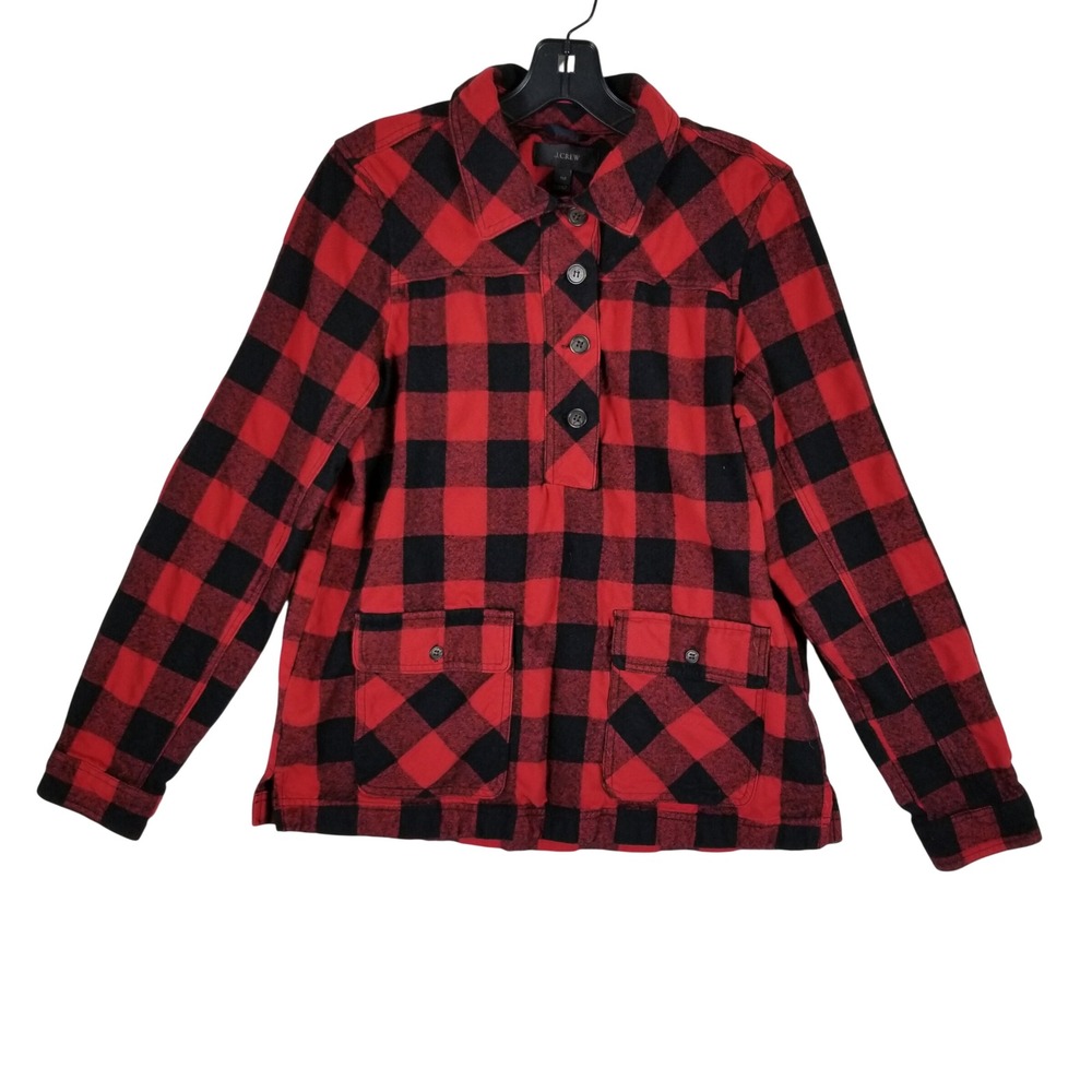 J.Crew Pullover Shirt Women Medium Red Black Buffalo Plaid Wool Blend Flannel
